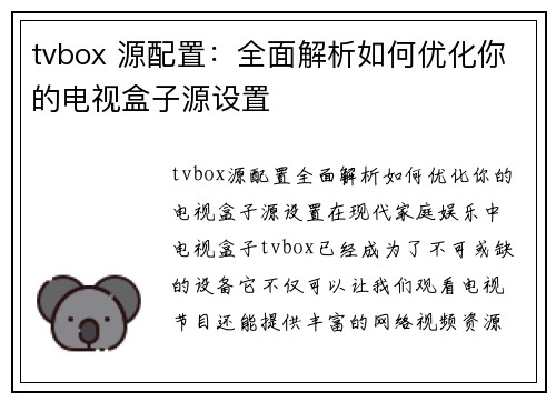 tvbox 源配置：全面解析如何优化你的电视盒子源设置